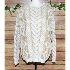 Jane Adams White And Gold Metallic Pullover Sweater Size XL Crewneck